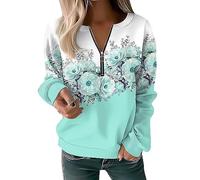 Women's Sweatshirt Pullover Vintage Sports Basic Quarter Zip Denim Blue White Yellow Floral Street V Neck Long Sleeve Top Elastic Fall & Winter Long Length Sweaters (Green, XL)