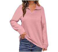 Womens Sweatshirt Ribbed Knit Pullover Sweater Long Sleeve Tunic Tops 1/4 Zip Jumper Solid Classic Ladies Sweaters Autumn Winter Cosy Top Elegant Warm Sweatshirts for Women Lady Teen Pink