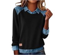 Women's Sweatshirt UK 2026 Spring Fashion Denim Patchwork Pullover Tops Casual Long Sleeve Lapel Neck Color Block Plaid Print Shirts Dressy Comfy Loose Fit Blouse