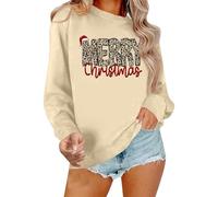 Women's Sweatshirt with 'Merry Christmas' Lettering in Leopard Pattern, Long Sleeve Jumper for the Christmas Season, Casual Crew Neck Shirt with Animal Print, style_t01 beige, M