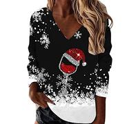 Women's Sweatshirt Without for Women, Black, Snowflake, Deer Head, Cup Print, V-Neck, Sweatshirt, Family Christmas Jumper, silver, L