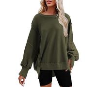 Womens Sweatshirts Black Jacket Jumpers Friendship Gifts for Women Pilates Womens Oversized Crewneck Solid Color Sweatshirt Side Slit Long Sleeve Pullover Slouchy Fit Tops Bargains of The Day Sale
