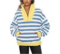 Women's Sweatshirts Clearance Half Zip Pullover Quarter Zip Long Sleeve Striped Fleece Oversized Sweaters Comfy Fall Outfits 2024 Y2K Winter Clothes Ladies V Neck Sport Sweatshirt Tops Blouse S-XXL
