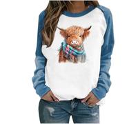 Women's Sweatshirts Cute Highland Cow Print Long Sleeve T Shirts Women UK Sale Clearance Funny Graphic Pullover Crew Neck Loose Sweater Patchwork Tees Shirt Blouse Oversized Tunic Top
