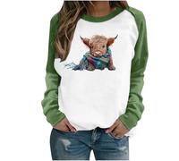 Women's Sweatshirts Cute Highland Cow Print Long Sleeve T Shirts Women UK Sale Clearance Funny Graphic Pullover Crew Neck Loose Sweater Patchwork Tees Shirt Blouse Oversized Tunic Top