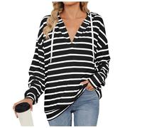 Womens Sweatshirts New Striped Long Sleeve Pullover Ladies Autumn Drawstring Hooded Sweater Casual Loose Contrast Color Hoodies V Neck Fall Blouse Tops Cozy Black