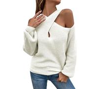 Womens Sweatshirts UK Women's Sweater 2023 Autumn Solid Color Off Shoulder Halter Neck Balloon Sleeve Knitted Sweater for Women Asymmetric Jumpers for Women UK Crop Swing Christmas Casual Sweater