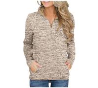 Womens Sweatshirts with Two Pockets Quarter Zip Long Sleeve Pullover Tops Jumper Cosy Casual 1/4 Zipper Sweatshirts Khaki