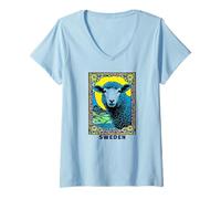 Womens Swedish American Sweden Travel Psychedelic Sheep Souvenir V-Neck T-Shirt