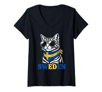 Women's Swedish Flag Funny Cat Sweden V-Neck T-Shirt