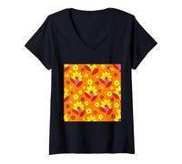 Womens SWEET ABSTRACT FLORAL PATTERN IN ORANGE YELLOW AND RED V-Neck T-Shirt