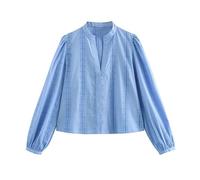 Women's sweet all-match V-neck puffy long sleeve fashionable short hollow embroidery top - blue - M