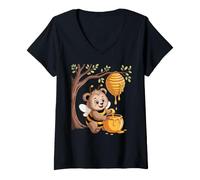 Women's Sweet Bee Bear Beehive Honey Tree Forest V-Neck T-Shirt
