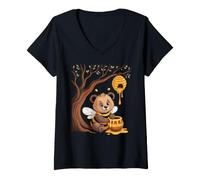 Women's Sweet Bee Bear Beehive Honey Tree Forest V-Neck T-Shirt