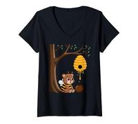 Women's Sweet Bee Bear Beehive Honey Tree Forest V-Neck T-Shirt