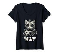 Womens Sweet But Deadly Funny Donut Cat Punk Rock Women Graphic V-Neck T-Shirt