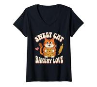 Women's Sweet Cat Bakery Love Cookie Baking Retro Cat Tee Vibes Cozy V-Neck T-Shirt