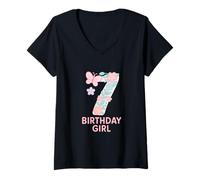 Womens Sweet Floral Number Seven Birthday Girl V-Neck T-Shirt
