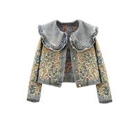 Womens Sweet Peter Pan Collar Jacket Boho Floral Embroidered Jean Jackets Long Sleeve Jacquard Denim Jackets
