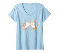 Women's Sweet Pinky Promise Hands Floral Wreath Design V-Neck T-Shirt