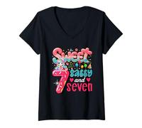 Womens Sweet Sassy and Seven 7th Bday Unicorn Eating Donuts V-Neck T-Shirt