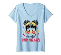 Womens Sweetie 2nd Grade Messy Bun First Day Of School Girl Teacher V-Neck T-Shirt