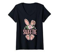 Women's Sweetie Cute Leopard Bunny Ears Floral Easter V-Neck T-Shirt