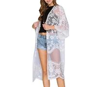 Women's Swim Blouse Sun Protection See Through Sarong Lace Cardigan Kimono Floral Crochet Loose Plus Size Beach Cover-Up (A-White, One Size)