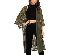 Women's Swim Blouse Sun Protection See Through Sarong Lace Cardigan Kimono Floral Crochet Loose Plus Size Beach Cover-Up (A-Dark Green, One Size)
