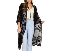 Women's Swim Blouse Sun Protection See Through Sarong Lace Cardigan Kimono Floral Crochet Loose Plus Size Beach Cover-Up (A-Black, One Size)