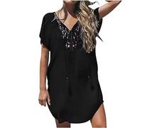 Women's Swim Cover-Ups and Sarongs Plus Size One Piece Sexy Hollow Out V-Neck Short Sleeve Crochet Dress Bikini Swimsuit Bathing Suit Bathing Beachwear One-Piece Swimsuit Beach Clothes Black