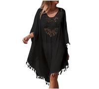 Women's Swim Cover-Ups Baggy Beach Cover Up Long Sleeves Hollow Out V Neck Crochet Dress Tassel Bikini Cover Up Sarong Bathing Suit Loose Lightweight Kaftan Plus Size Bohemian Dress Swimsuit
