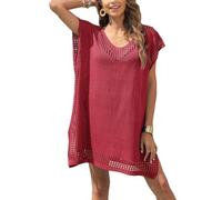 Women's Swim Cover-ups Beachwear Hollow Out V-Neck Short Sleeve Crochet Dress Women Bikini Plus Size Beach Long Beachwear Lightweight Poncho Casual Loose Flowy Swimwear