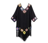 Women'S Swim Cover-Ups & Sarongs Crochet Floral Boho Tassels Beach Coverups Cotton See Through Sarongs For Women Beachwear 3/4 Sleeve Round Neck Pull On Oversizd Summer Dresses Clothes For Women