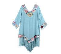 Women'S Swim Cover-Ups & Sarongs Crochet Floral Boho Tassels Beach Coverups Cotton See Through Sarongs For Women Beachwear 3/4 Sleeve Round Neck Pull On Oversizd Summer Dresses Clothes For Women