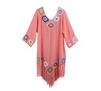 Women'S Swim Cover-Ups & Sarongs Crochet Floral Boho Tassels Beach Coverups Cotton See Through Sarongs For Women Beachwear 3/4 Sleeve Round Neck Pull On Oversizd Summer Dresses Clothes For Women