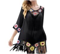 Women's Swim Cover-ups & Sarongs, Crochet Tassels Beach Cover Up Loose V Neck Bohemian Dresses Beachwear Bikini Cover Up Sarong Swimwear Bathing Suit Baggy Kaftans Plus Size Boho Dress Swimsuit Black