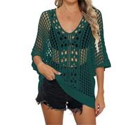 Women's Swim Cover-ups & Sarongs, Crochet Top Hollow Out Beach Cover Up Knit See Throug Blouse Ladies Overtop Bikini Cover Up V Neck Swimwear Ladies Beach Top Plus Size Holiday Outfits Army Green