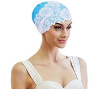 Womens Swimming Cap Ladies Waterproof Swim Cap Lace Flower Swimming Hat Bathing Caps Comfortable Beach Surfing Ears Protection Caps Super Elastic Turban Swim Hat for Long Hair Short Hair