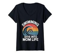 Women's Swimming Dive Into Mom Life Retro Wave Sunset V-Neck T-Shirt