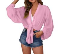 Women's Swimwear Cover-Up Tunic - Self-Tie Design, Long Sleeve Soft Fabric, Perfect for Pairing with Bikinis/Bathing Suits at The Beach(Pink, L)