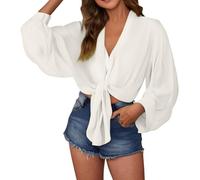 Women's Swimwear Cover-Up Tunic - Self-Tie Design, Long Sleeve Soft Fabric, Perfect for Pairing with Bikinis/Bathing Suits at The Beach(White, L)