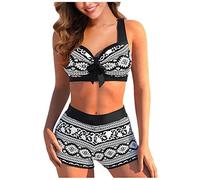 Women's Swimwear Fashion Two-Piece Printed Bikini Padded Push-Up Swimsuit 2-Piece High Waist Tummy Control Boxer Shorts Summer Beachwear Black