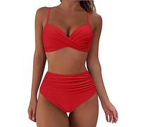 Women's Swimwear High Waisted V Neck Solid/Printed Women Bikini Set Push Up Vintage Beachwear Twist Front Bikini Top Ruched Retro Swimmwear Bathing Suit