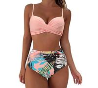 Women's Swimwear High Waisted V Neck Solid/Printed Women Bikini Set Push Up Vintage Beachwear Twist Front Bikini Top Ruched Retro Swimmwear Bathing Suit Pink