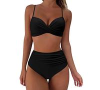 Women's Swimwear High Waisted V Neck Solid/Printed Women Bikini Set Push Up Vintage Beachwear Twist Front Bikini Top Ruched Retro Swimmwear Bathing Suit Black