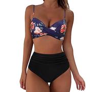 Women's Swimwear High Waisted V Neck Solid/Printed Women Bikini Set Push Up Vintage Beachwear Twist Front Bikini Top Ruched Retro Swimmwear Bathing Suit