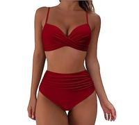 Women's Swimwear High Waisted V Neck Solid/Printed Women Bikini Set Push Up Vintage Beachwear Twist Front Bikini Top Ruched Retro Swimmwear Bathing Suit