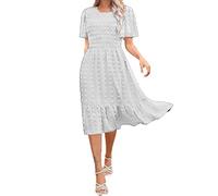 Womens Swing Dress Casual Summer Dress Jacquard Polka Dot Layered Pleated Mid Length Dress White