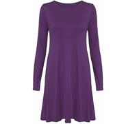 Womens Swing Dress Long Sleeve Round Neck Plain & Printed Flared Midi Dress Elegant Comfortable Casual Wear Ladies Party Outfit Clothing UK Sizes 8-26 Purple